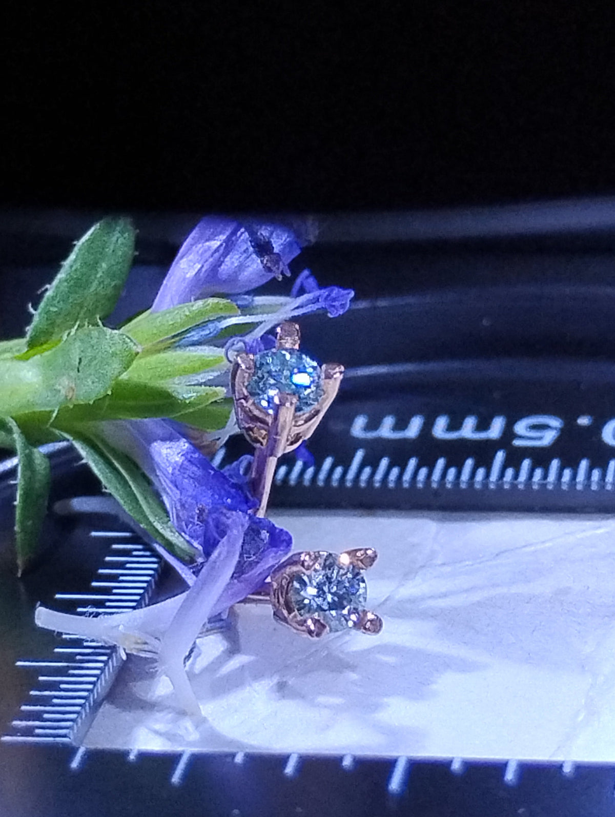 14k solid gold earring set with 2.5mm light blue moissanite and natural diamond accents, fine jewelry from RoughDiamondsByMr