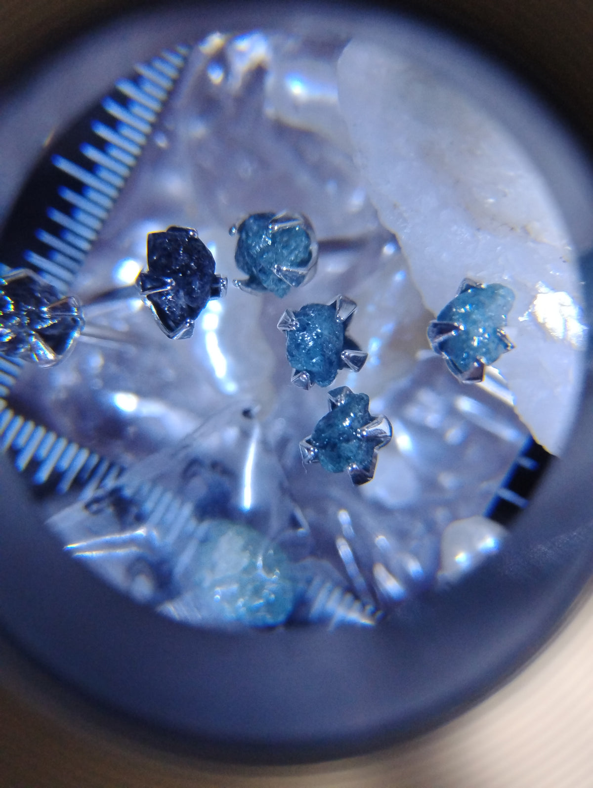 Natural blue rough diamond cluster set in sterling silver with a pearl, crafted by RoughDiamondsByMr in custom jewelry design.