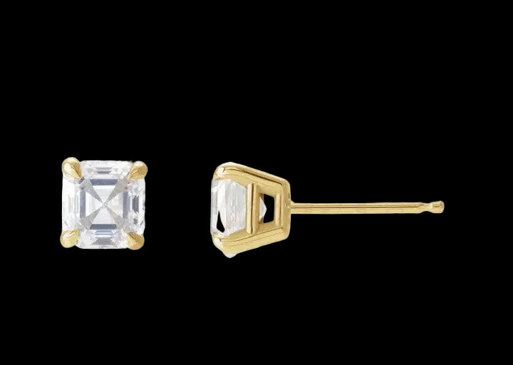 14k solid gold earrings with Ascher cut 3.5mm moissanite gemstones, handcrafted jewelry by RoughDiamondsByMr.