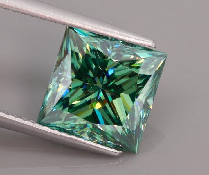 Sterling silver stud earrings with 5.5mm green lab moissanite and 0.5ct natural blue rough diamond, from RoughDiamondsByMr.